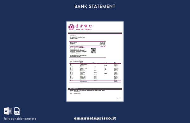 modello word di estratto conto bancario della Banca di Taiwan in stile verificat